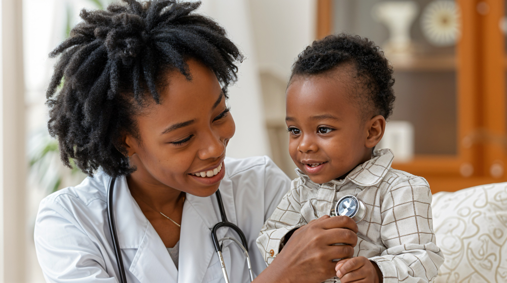 Black doctor rendering Children's healthcare